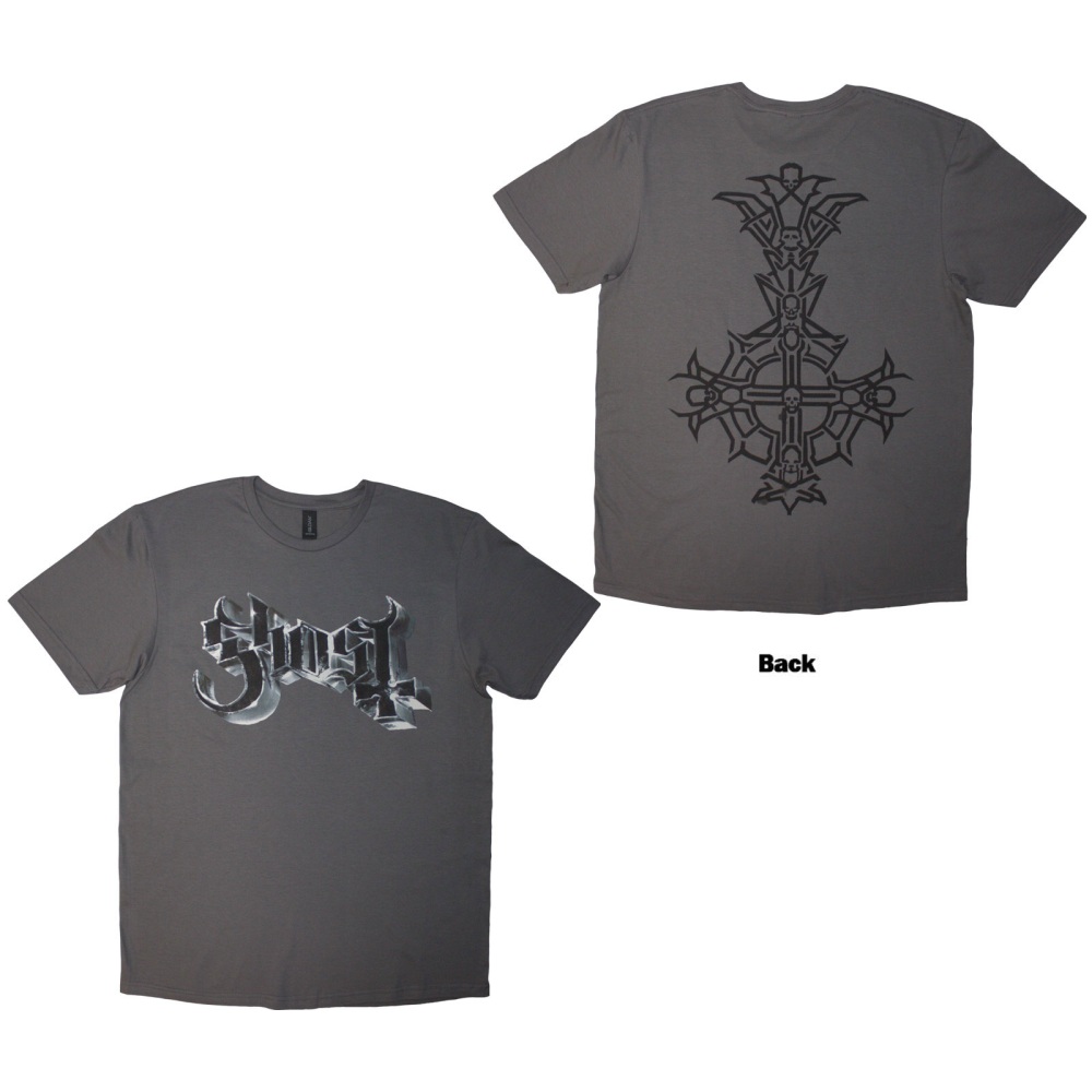 Ghost - Chrome Logo & Grucifix Outline Heren Tshirt - Grijs